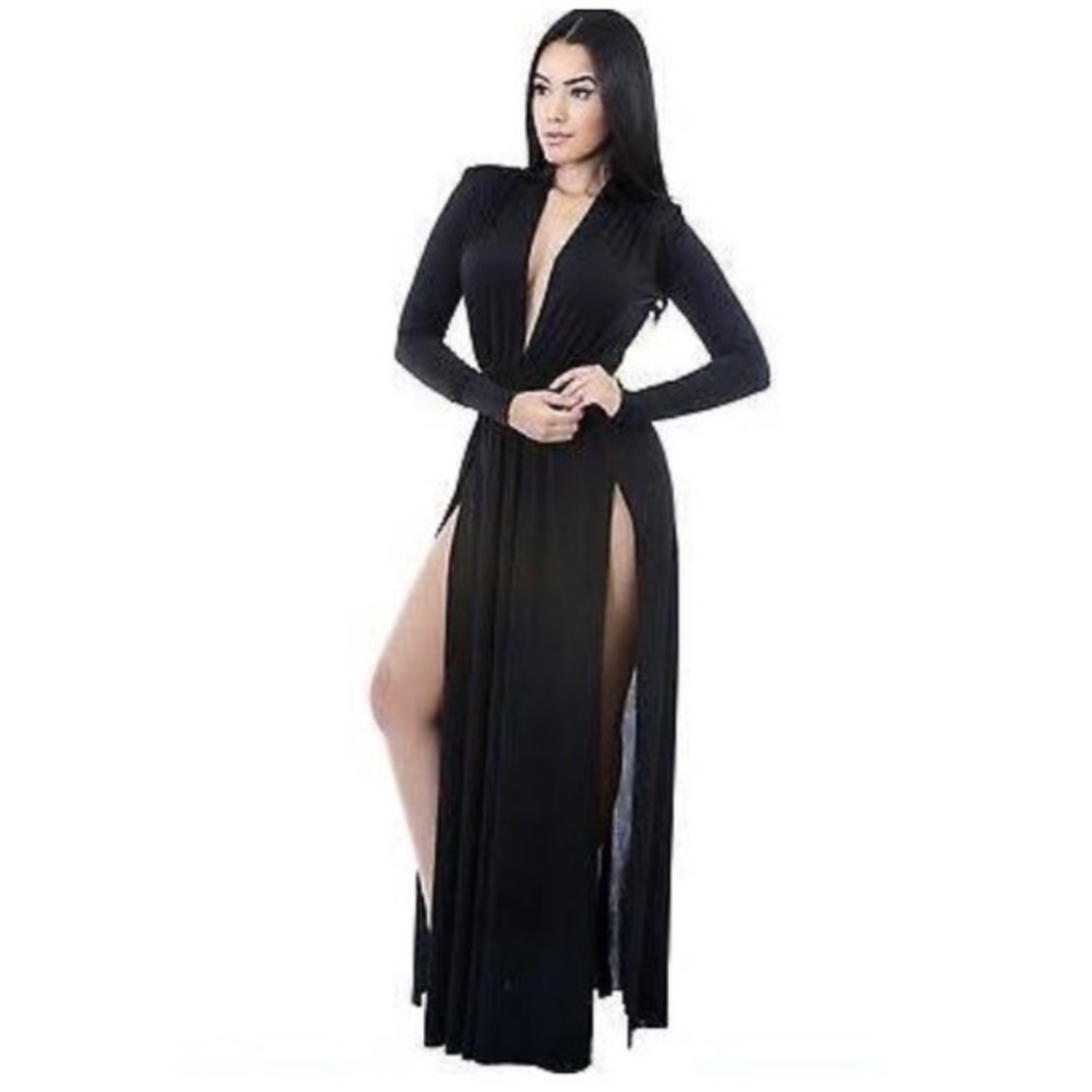 Black maxi double slits plunging deep v neckline